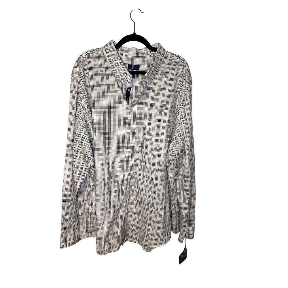 George Men's 3XL‎ White Purple Plaid Classic Fit Stretch Long Sleeve Shirt NWT
